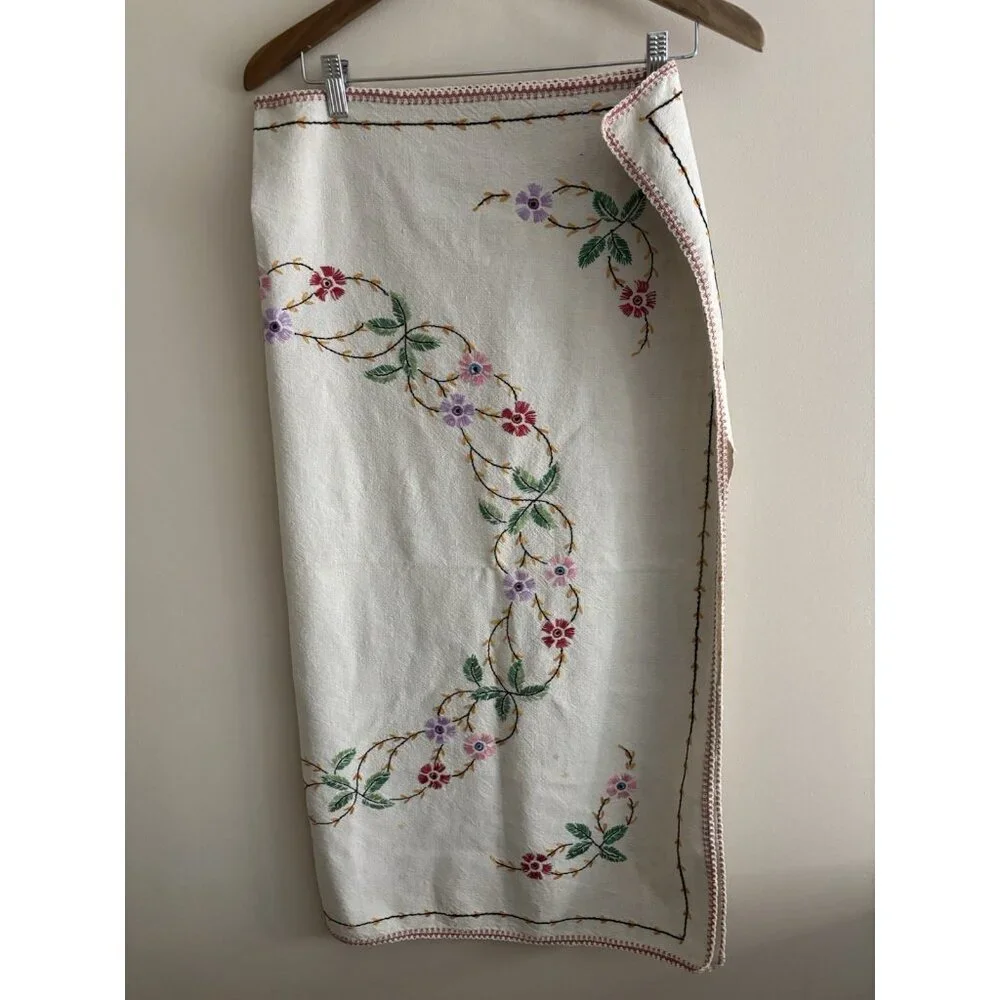 Vintage Hand Embroidery Cotton Table Cloth Floral 37x34” Square Ivory